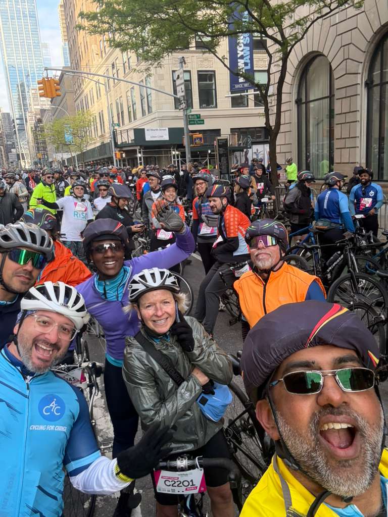 Team C4C riders gathered at the 5 Boro Bike Tour start line in Manhattan