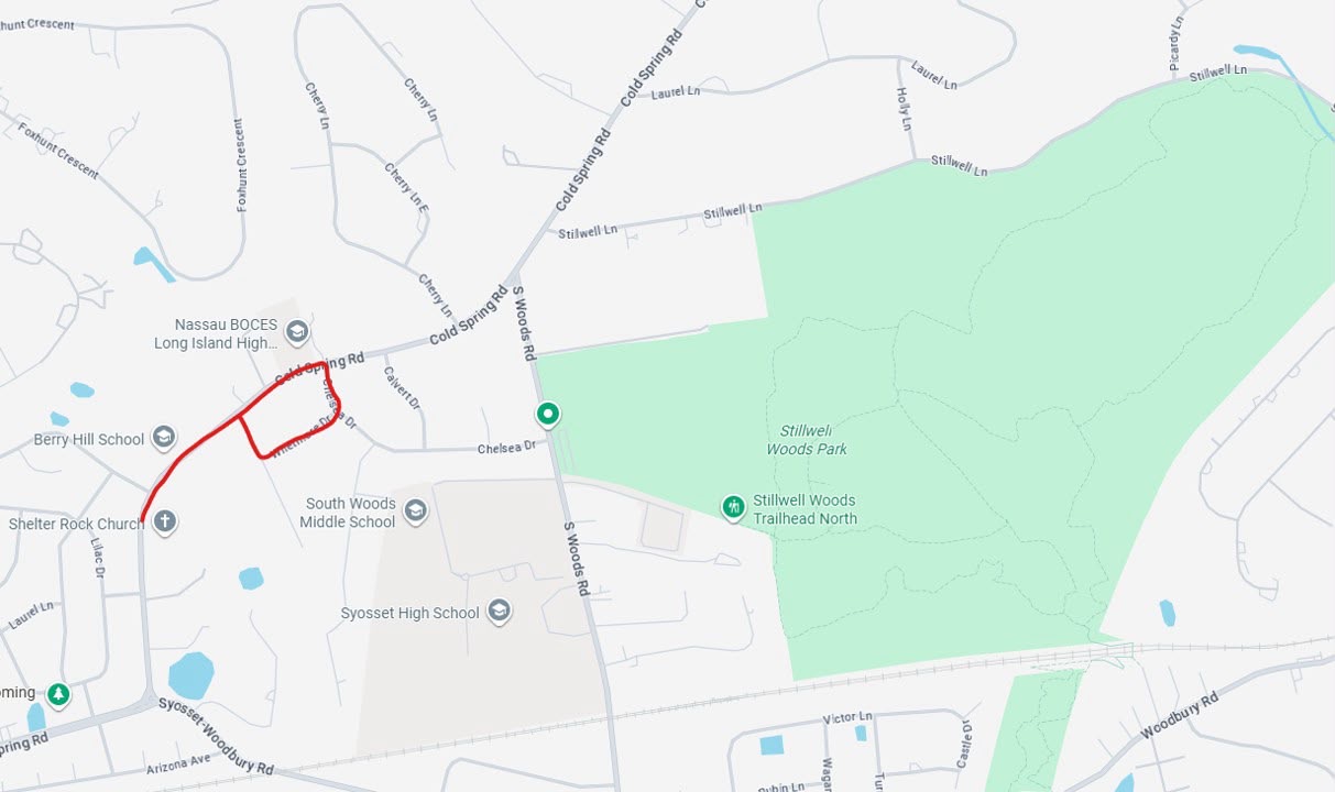 Hope Fest 1.4k walk route map — starting near Shelter Rock Church and looping through the Syosset neighborhoods near Berry Hill School