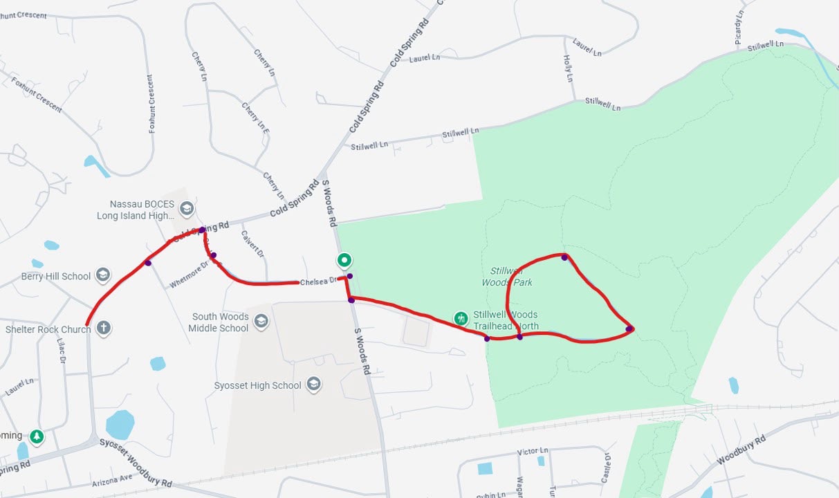 Hope Fest 5k run route map — from Shelter Rock Church through Stillwell Woods Park in Syosset