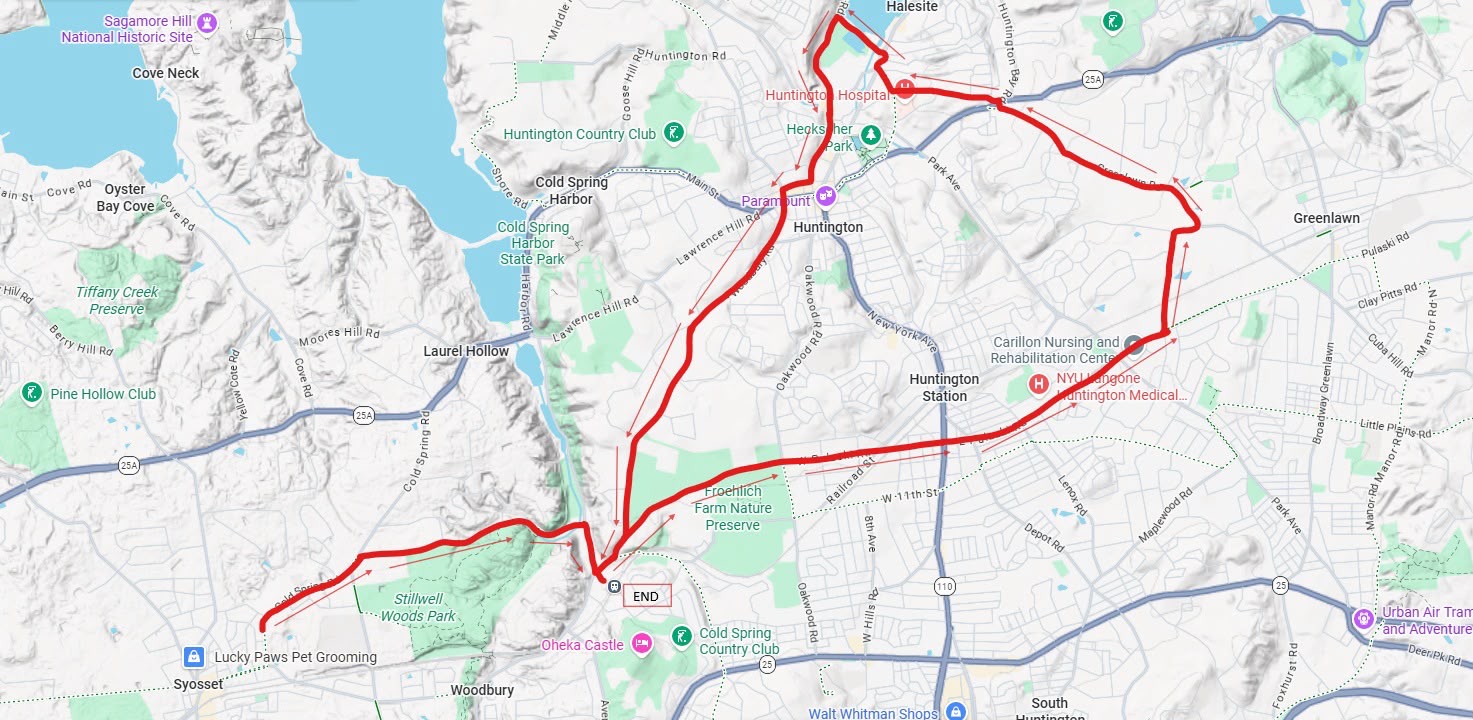 Hope Fest 18 mile ride route map — from Syosset through Cold Spring Harbor, Huntington, and Greenlawn